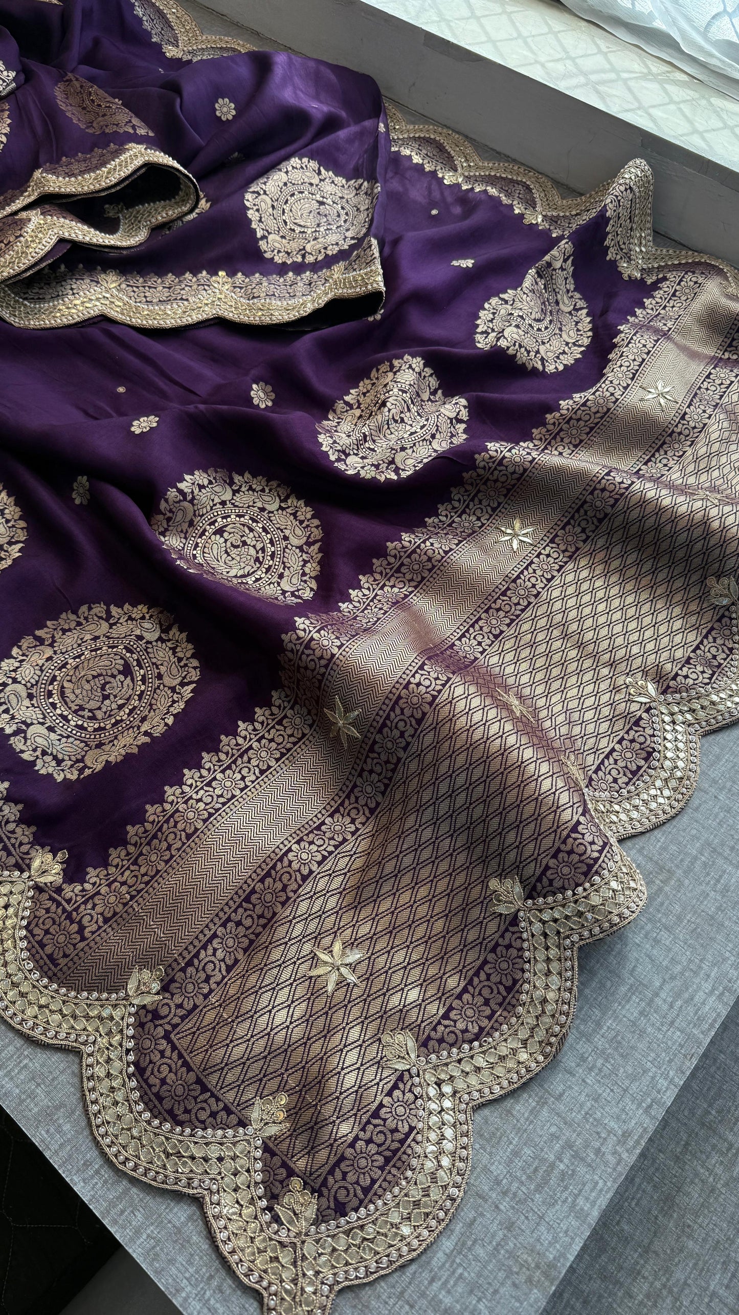 Munga Banarasi Silk Saree with Zardozi & Pearl Embroidery