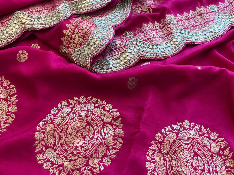 Munga Banarasi Silk Saree with Zardozi & Pearl Embroidery