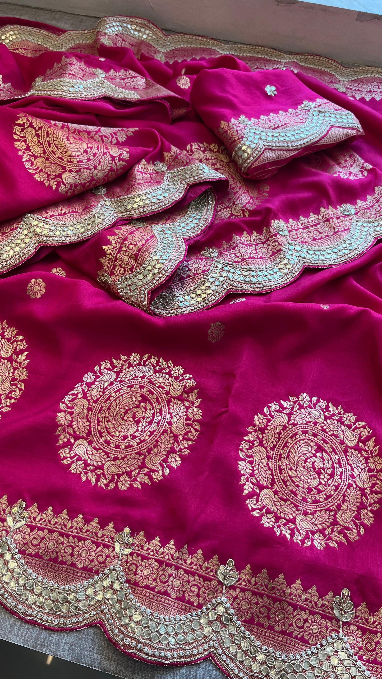 Munga Banarasi Silk Saree with Zardozi & Pearl Embroidery