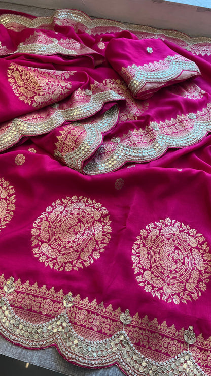 Munga Banarasi Silk Saree with Zardozi & Pearl Embroidery