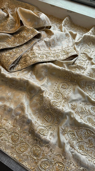 Munga Banarasi Silk Saree with Zardozi, Pearl & Sequins