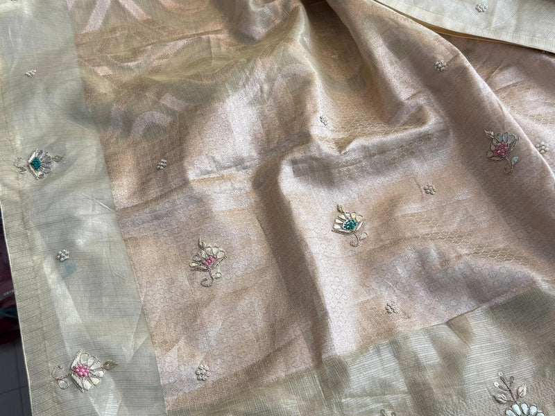 Soft Tissue Banarasi Silk Saree with Pearl & Gotapatti Embroidery