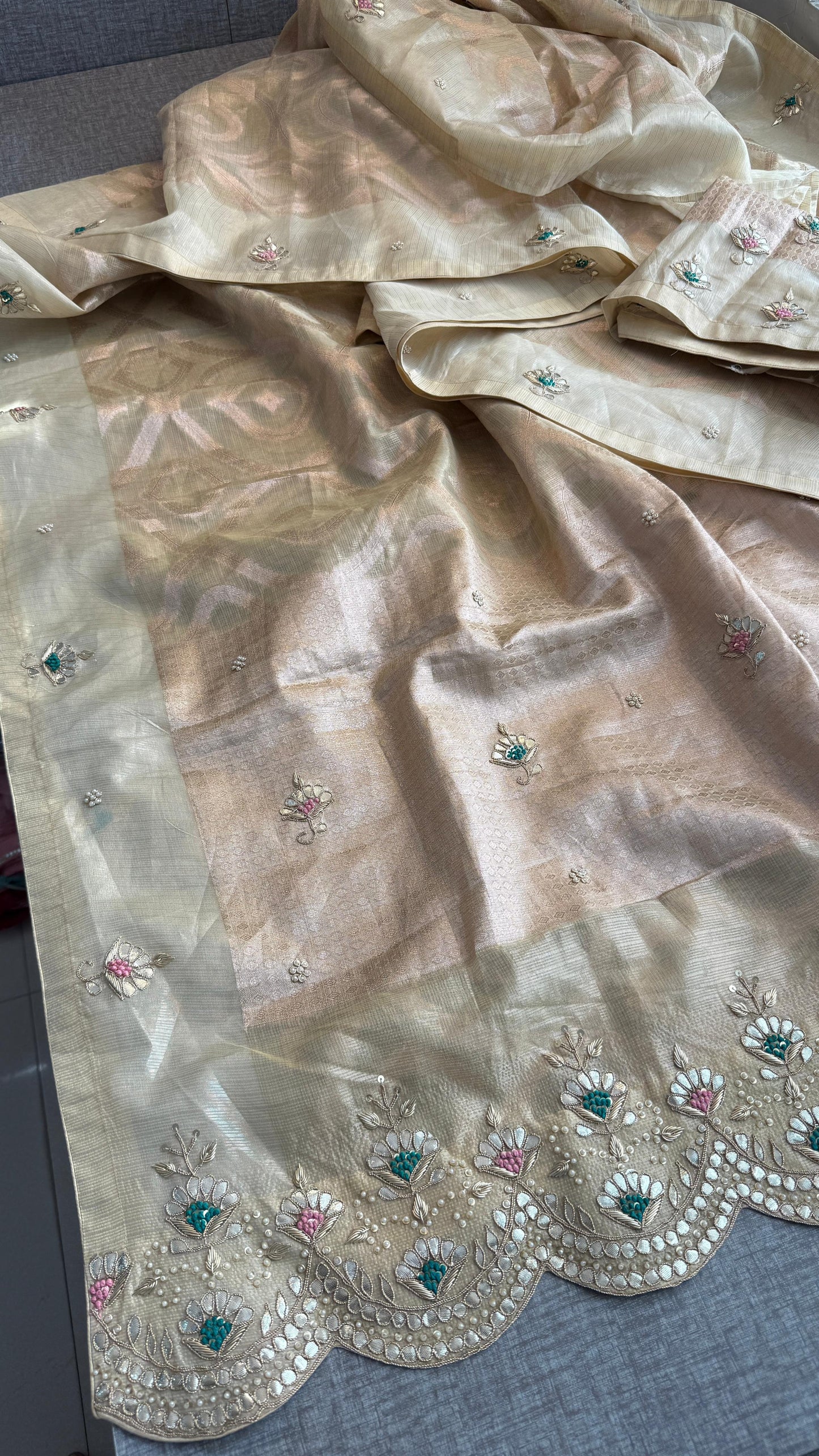 Soft Tissue Banarasi Silk Saree with Pearl & Gotapatti Embroidery