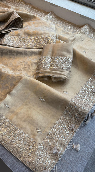 Tissue Handloom Banarasi Silk Saree with Gotapatti & Pearl
