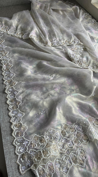 Soft Tissue Net Saree with Zardozi, Pearl & Kutdana Embroidery