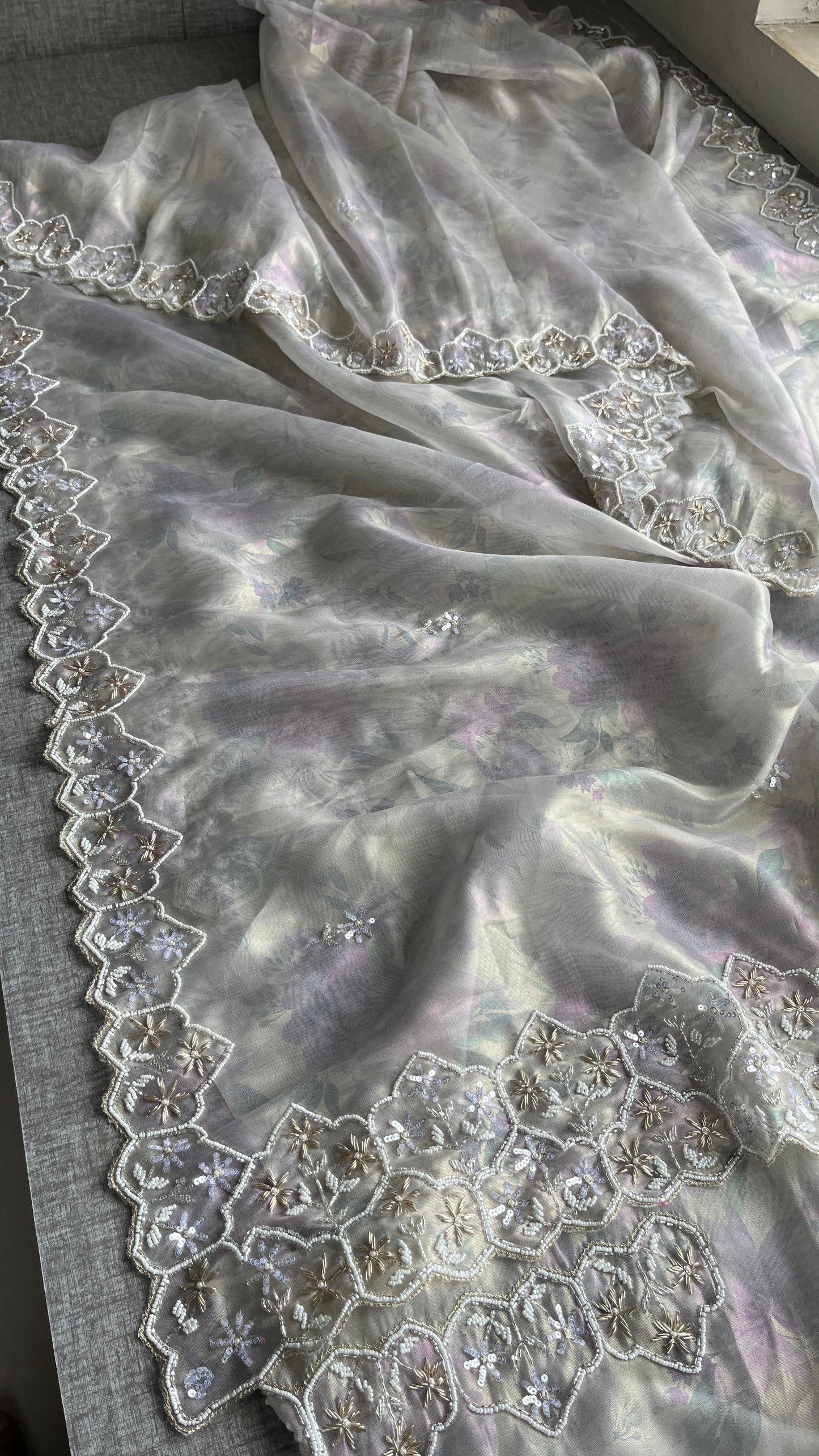Soft Tissue Net Saree with Zardozi, Pearl & Kutdana Embroidery