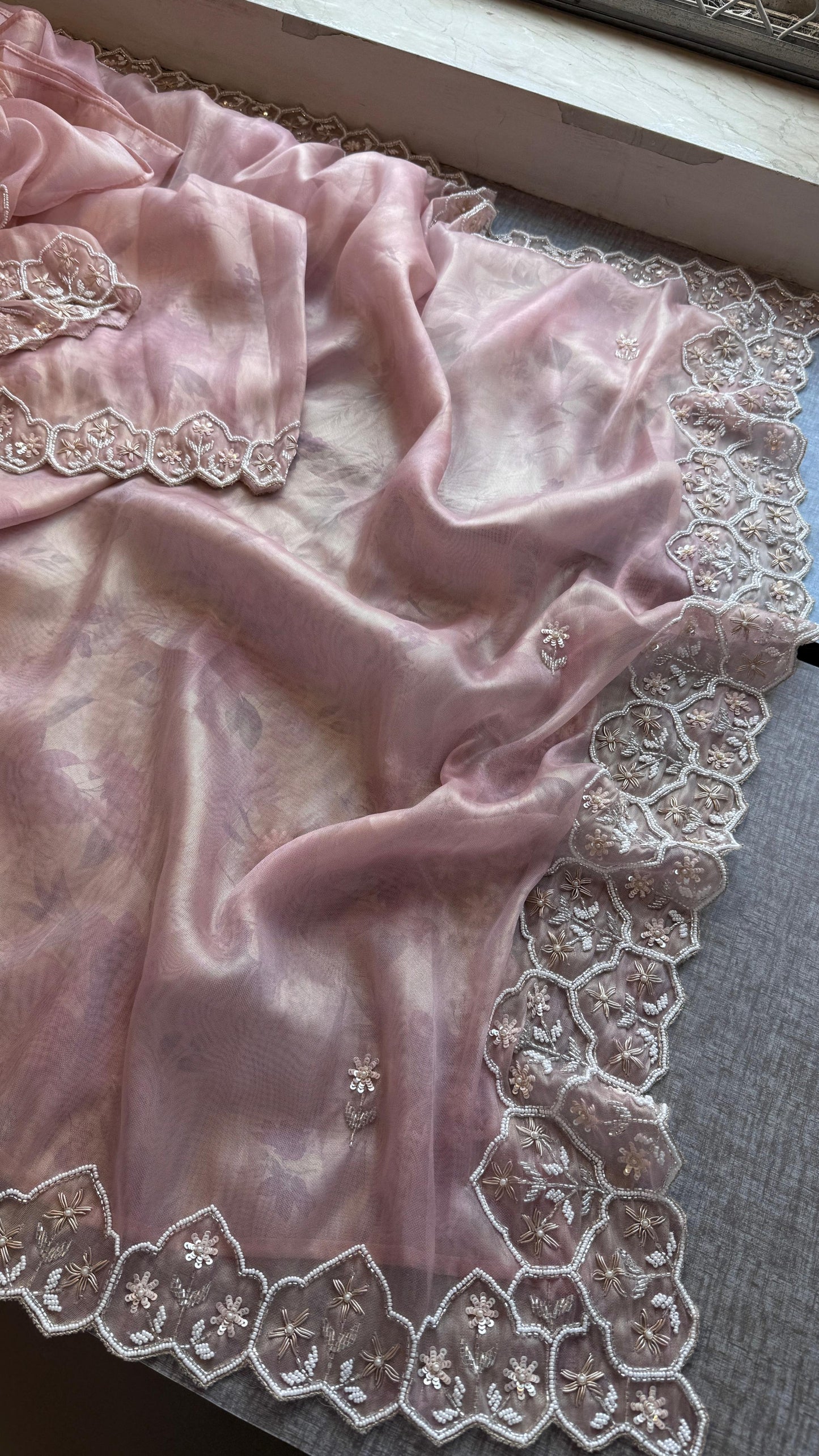 Soft Tissue Net Saree with Zardozi, Pearl & Kutdana Embroidery