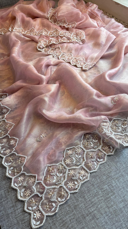 Soft Tissue Net Saree with Zardozi, Pearl & Kutdana Embroidery