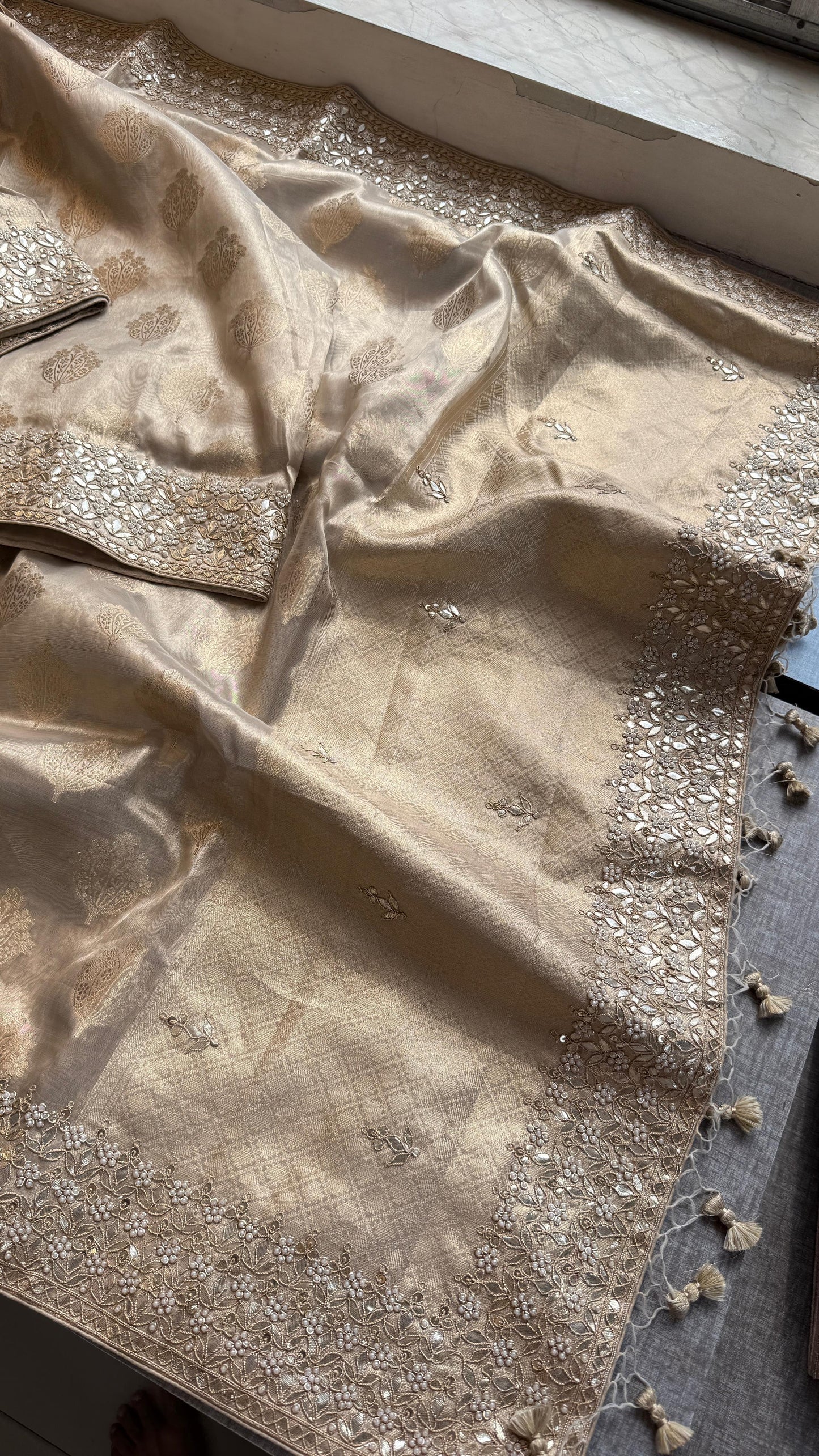 Tissue Handloom Banarasi Silk Saree with Pearl & Gotapatti