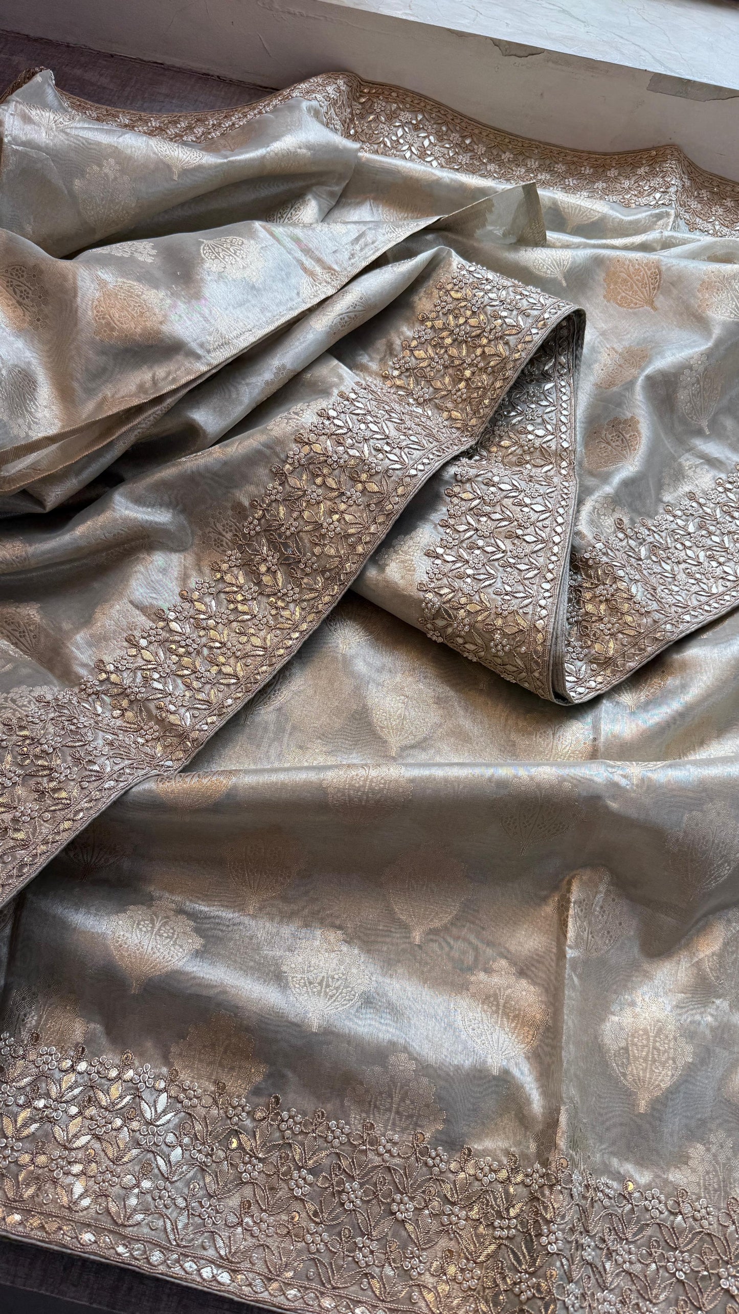 Tissue Handloom Banarasi Silk Saree with Pearl & Gotapatti