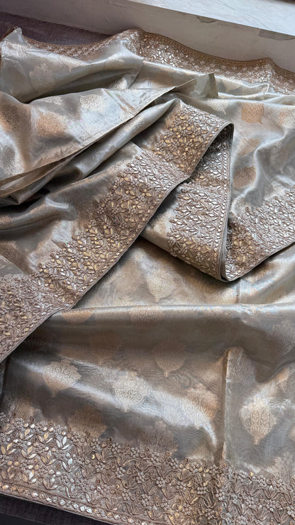 Tissue Handloom Banarasi Silk Saree with Pearl & Gotapatti