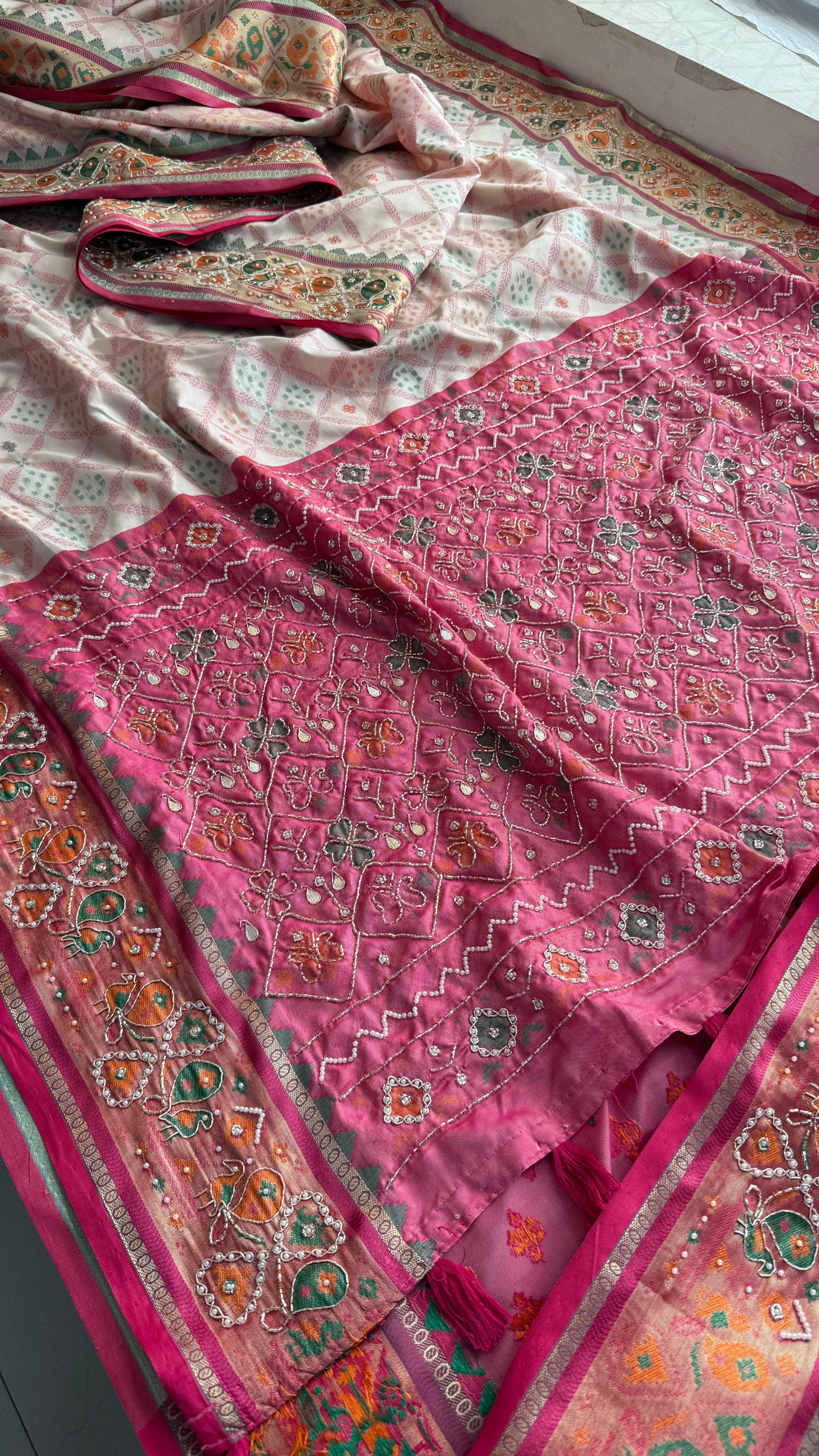 Patola Munga Banarasi Silk Saree with Zardozi & Pearl Work