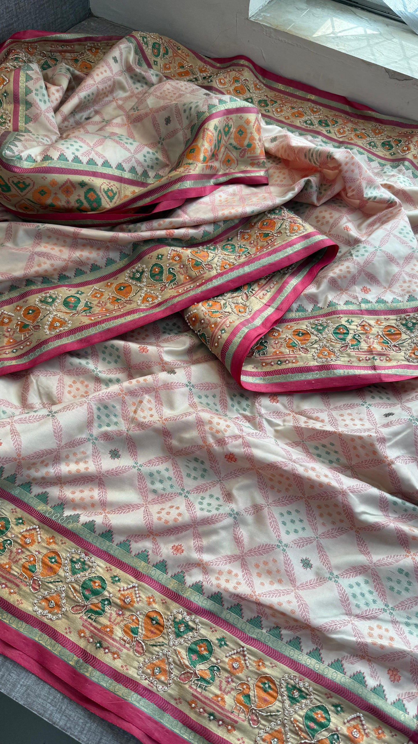 Patola Munga Banarasi Silk Saree with Zardozi & Pearl Work