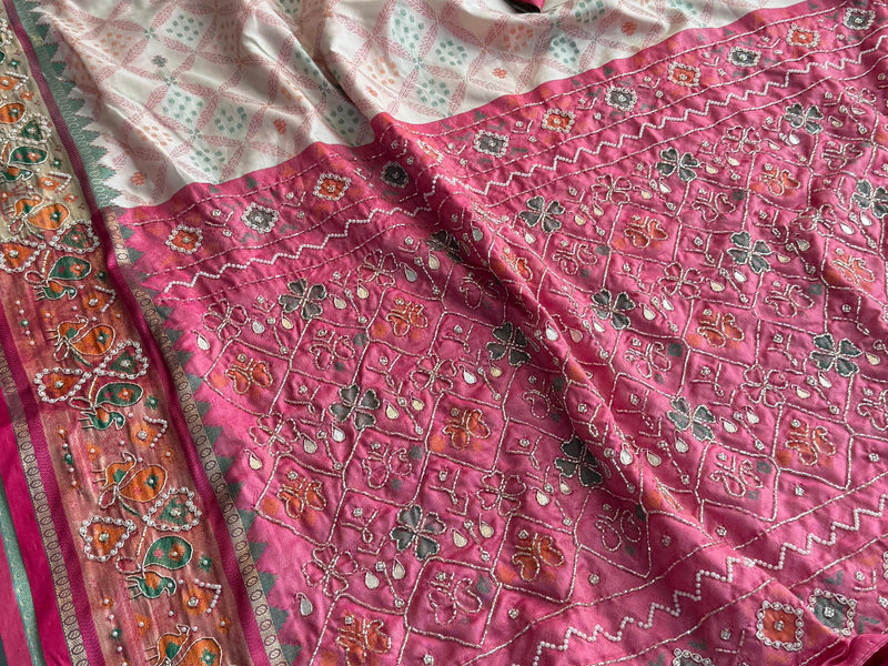 Patola Munga Banarasi Silk Saree with Zardozi & Pearl Work