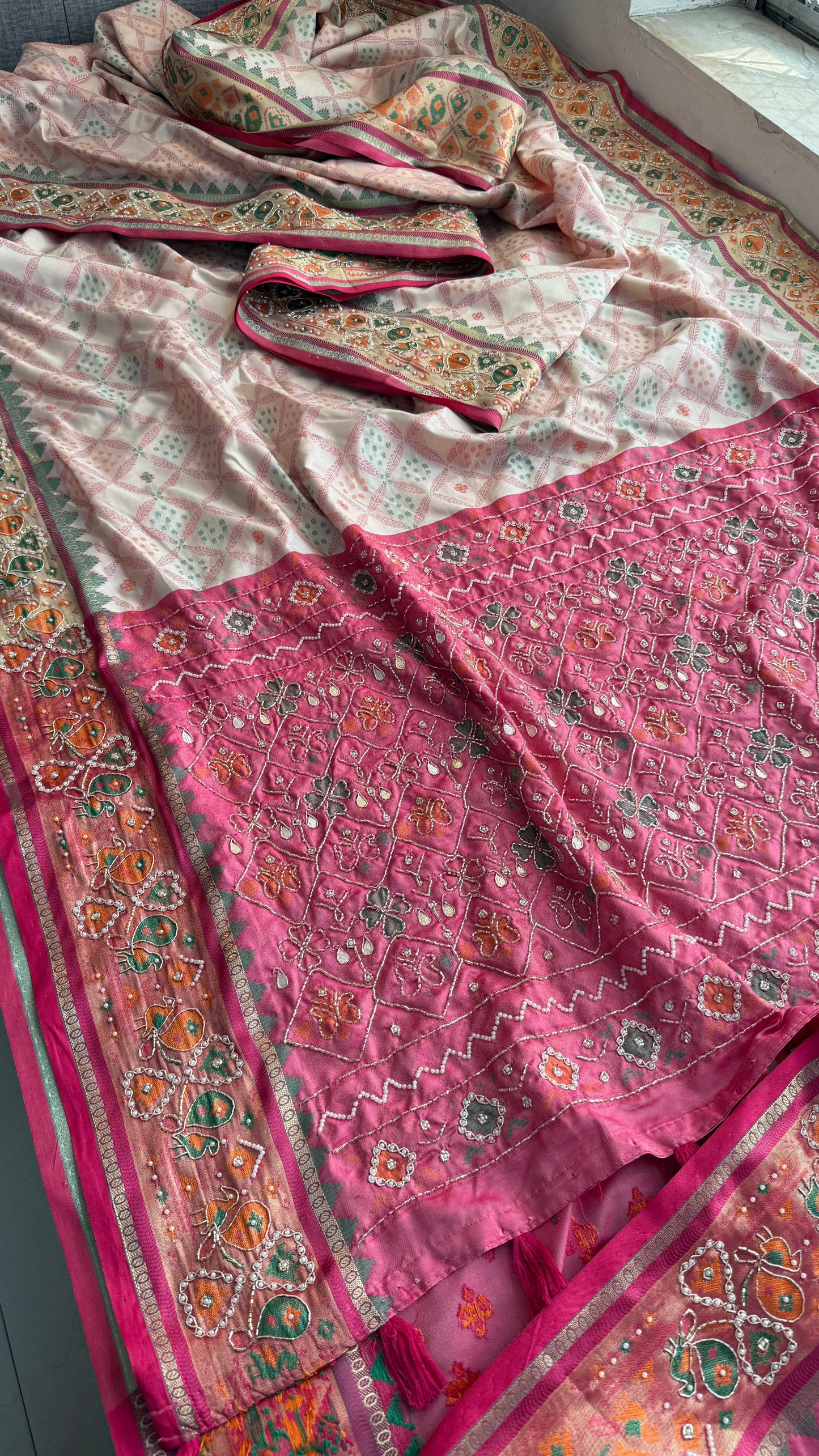 Patola Munga Banarasi Silk Saree with Zardozi & Pearl Work