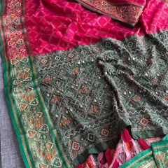 Patola Munga Banarasi Silk Saree with Zardozi & Pearl Work
