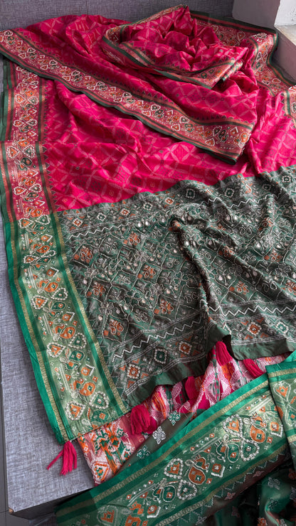 Patola Munga Banarasi Silk Saree with Zardozi & Pearl Work