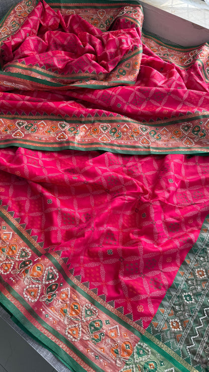 Patola Munga Banarasi Silk Saree with Zardozi & Pearl Work