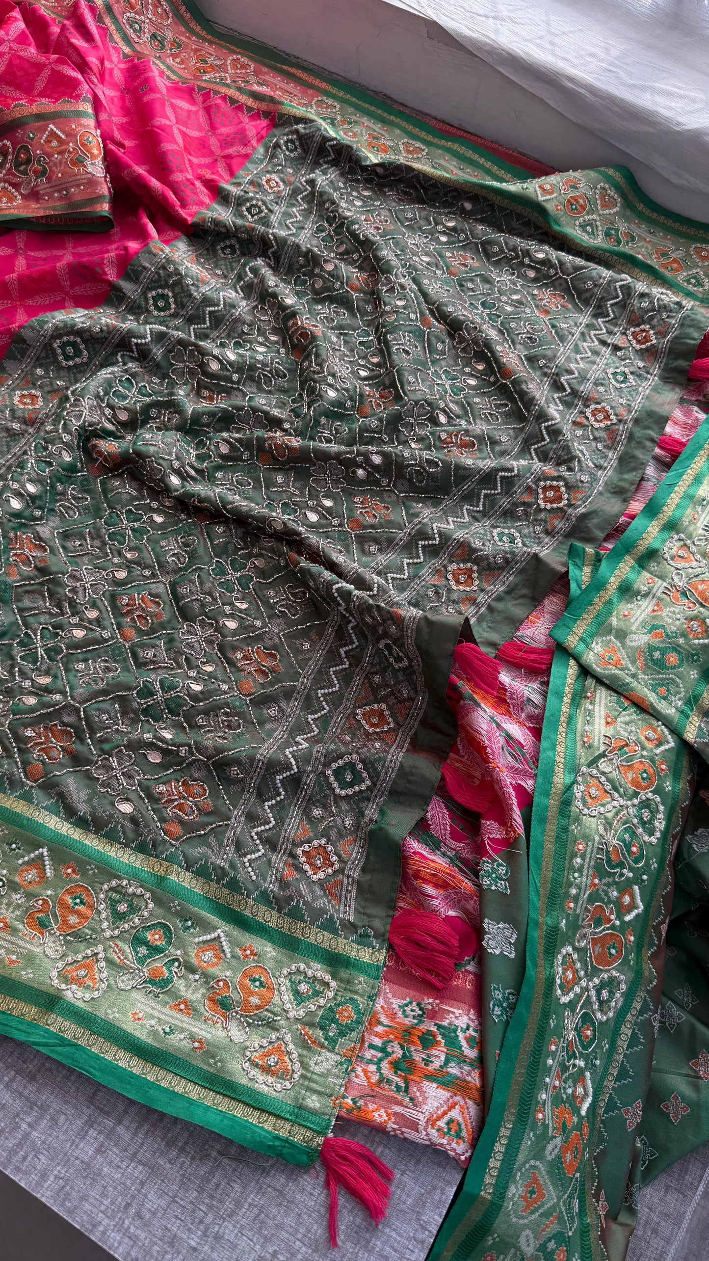 Patola Munga Banarasi Silk Saree with Zardozi & Pearl Work