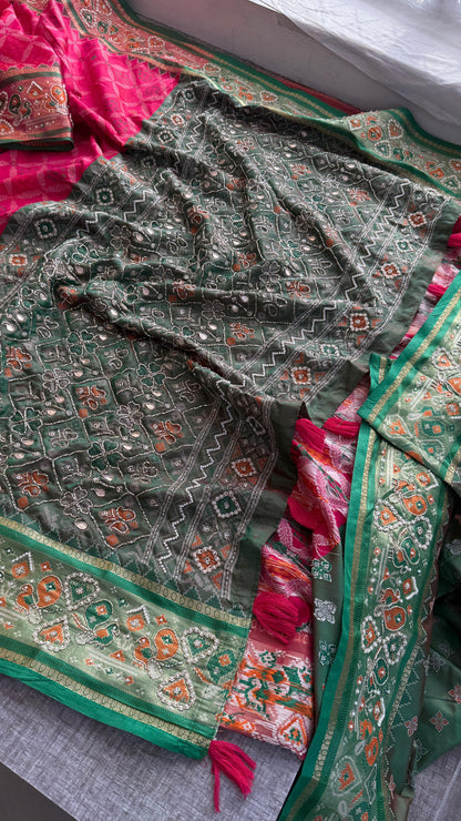 Patola Munga Banarasi Silk Saree with Zardozi & Pearl Work