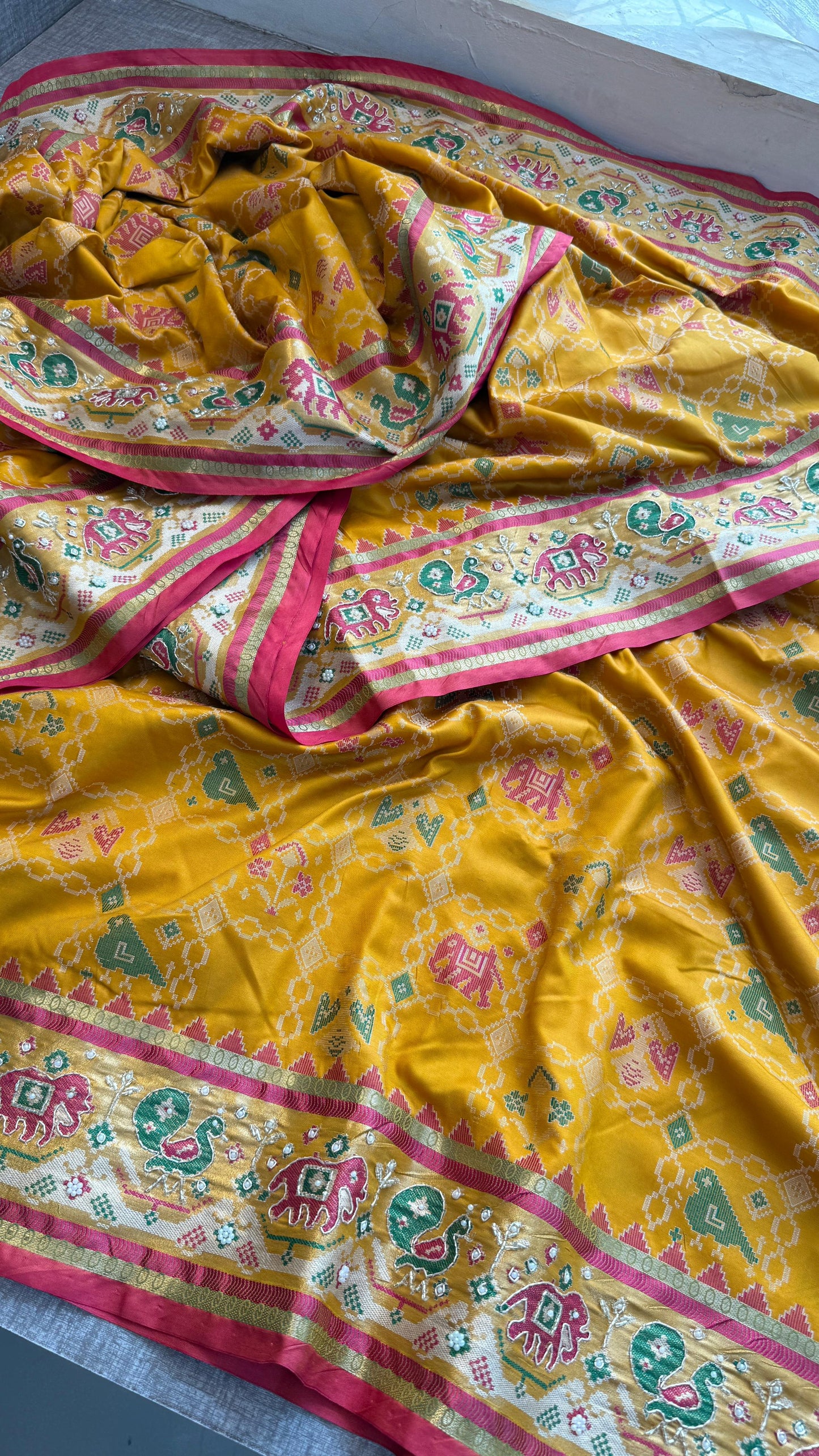 Patola Munga Banarasi Silk Saree with Zardozi & Pearl Work