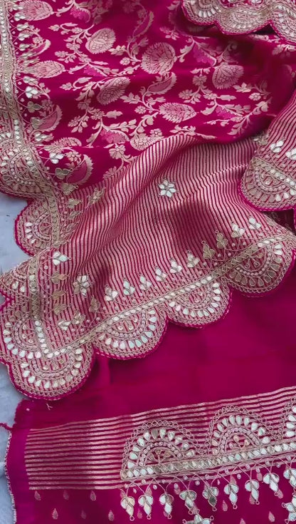 Pure Khaddi Georgette Banarasi Saree with Gotapatti, Zardozi &amp; Pearl Embellishments