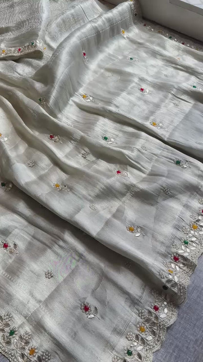 Pure Khaddi Georgette Silk Saree with Pearl & Zardozi Embroidery