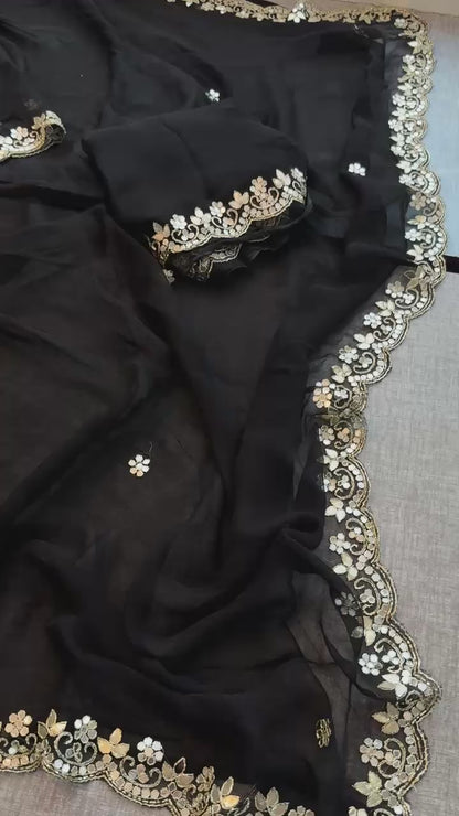 Chiffon Leheriya Saree with Zardozi & Pearl Handwork