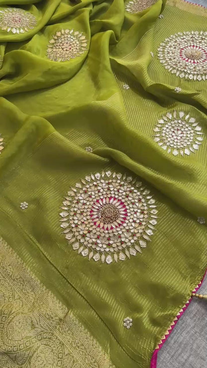 Munga Silk Banarasi Saree with Anchor, Pearl & Zardozi