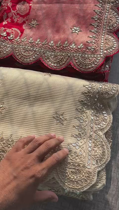 Pure Khaddi Georgette Banarasi Saree with Gotapatti, Zardozi &amp; Pearl Embellishments