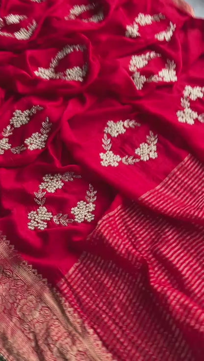 Pure Munga Silk Banarasi Saree with Zardozi, Kutdana & Pearl Work
