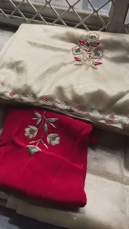 Handloom Zari Tissue Silk Saree with Zardozi, Pearl & Sequins Work