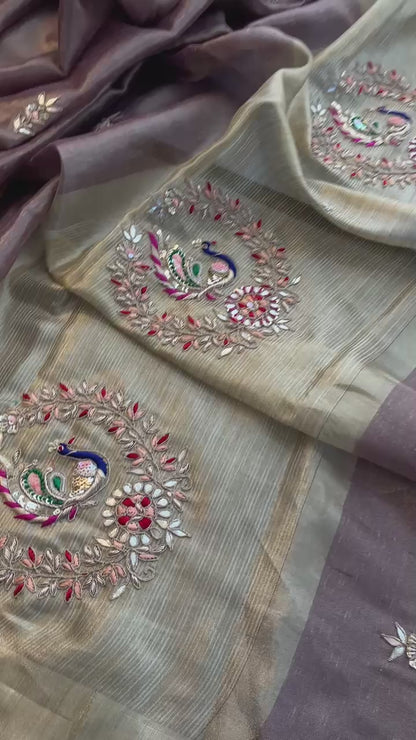 Tissue Linen Banarasi Silk Saree with Pearl & Resham Work