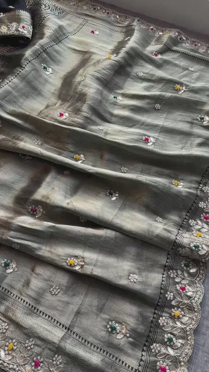 Pure Khaddi Georgette Silk Saree with Pearl & Zardozi Embroidery
