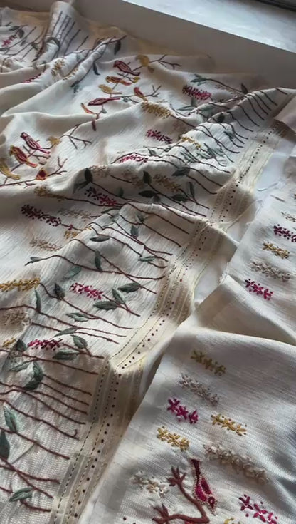 Pure Tussar Linen Silk Saree with Hand Knot & Katha Work