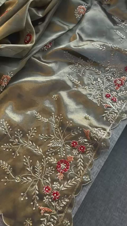 Handloom Zari Tissue Silk Saree with Zardozi, Sequins & Pearl Work