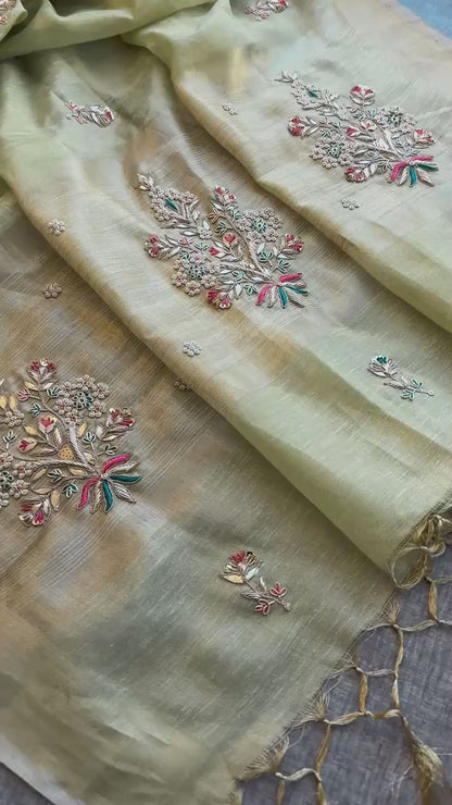 Tissue Linen Banarasi Silk Saree with Zardozi & Pearl Work