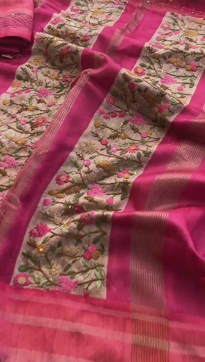 Pure Tussar Linen Silk Saree with Hand Knot & Katha Work