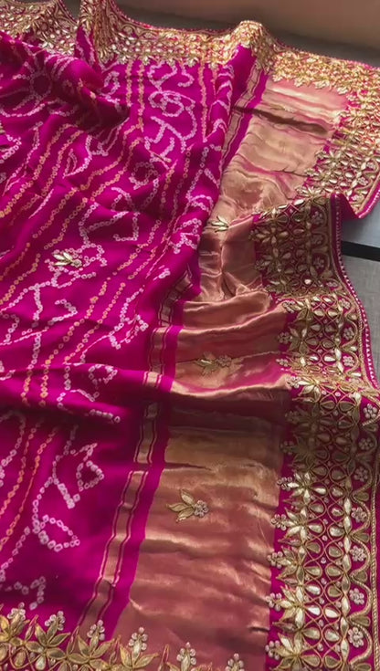 Gajji Silk Handcrafted Bandhani Saree with Zardozi, Gotapatti & Pearl Embellishments