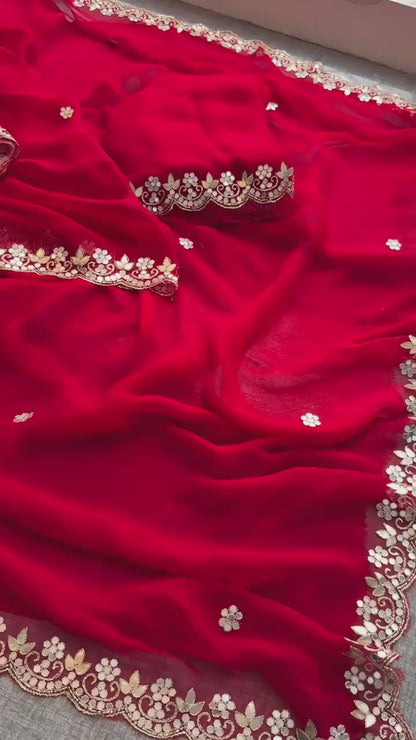 Chiffon Saree with Zardozi, Pearl & Gotapatti Highlights