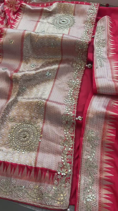 Munga Patola Silk Saree with Gotapatti & Pearl Embroidery
