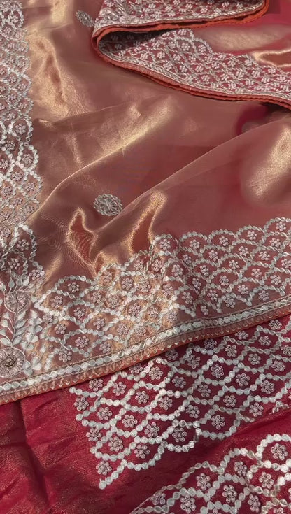 Pure Handloom Zari Tissue Silk Saree with Zardozi, Pearl, Sequins & Gotapatti Work