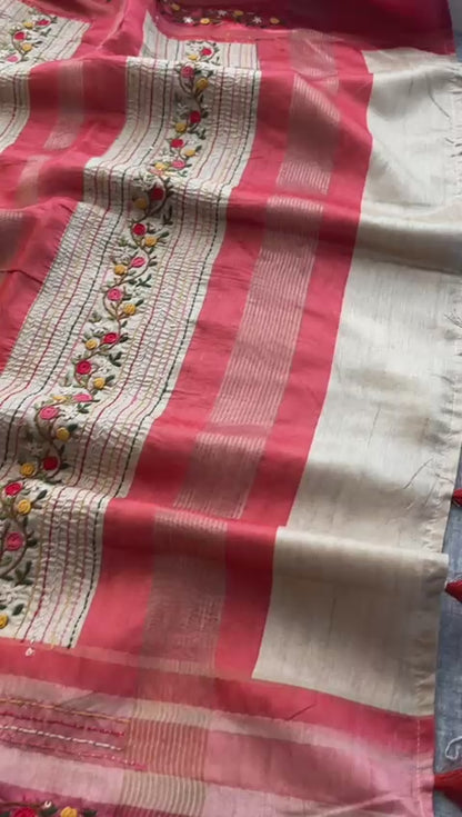 Pure Tussar Linen Silk Saree with Hand Knot & Katha Work