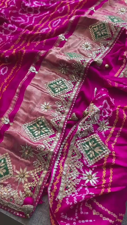 Pure Gajji Silk Handmade Bandhani Saree with Zardozi, Gotapatti & Pearl Embellishments