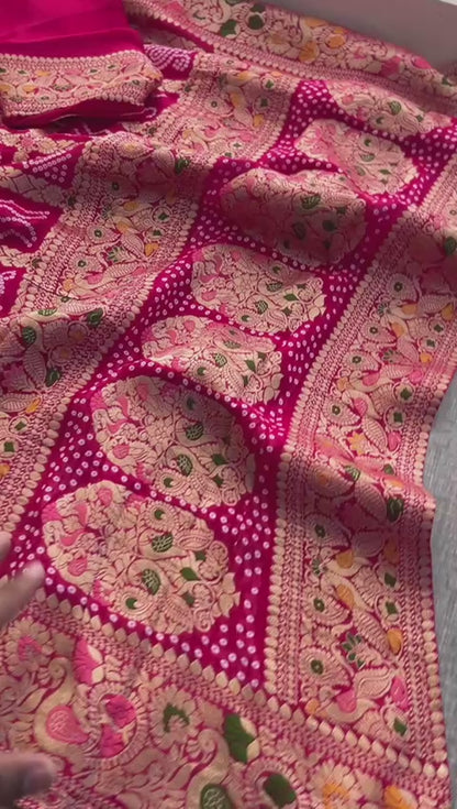 Pure Khaddi Georgette Saree with Bandhani & Meena Banarasi Weaving