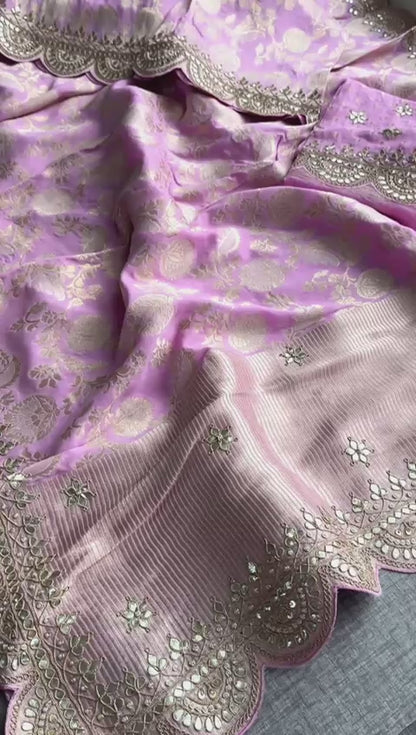 Pure Khaddi Georgette Banarasi Saree with Gotapatti, Zardozi &amp; Pearl Embellishments