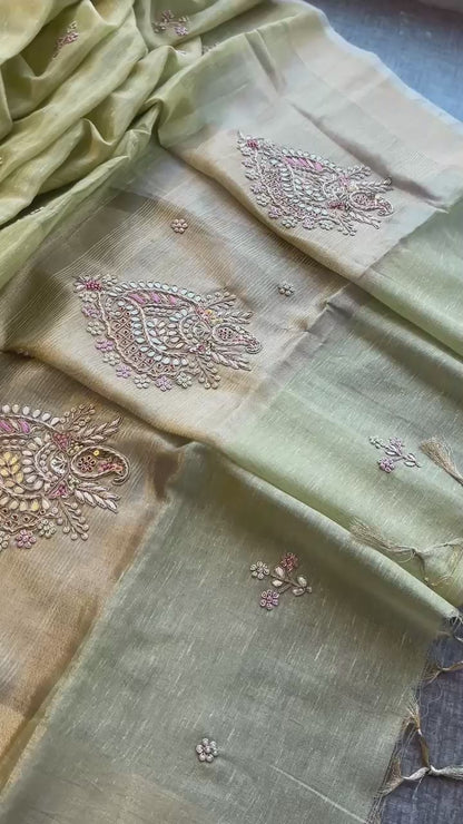 Tissue Linen Banarasi Silk Saree with Zardozi & Pearl Work