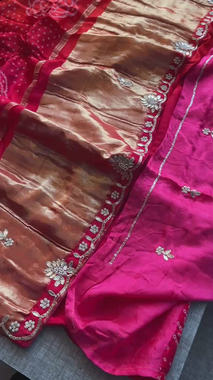 Gajji Bandhani Silk Banarasi Saree with Pearl & Gotapatti