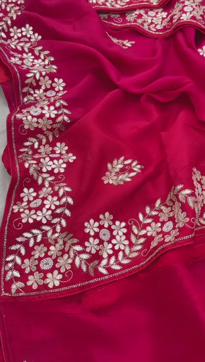 Pure Munga Silk Saree with Gotapatti, Zardozi, Kutdana and Pearl Work