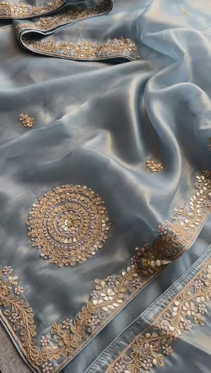 Soft Tissue Silk Saree with Gotapatti, Zardozi & Pearl Embellishments